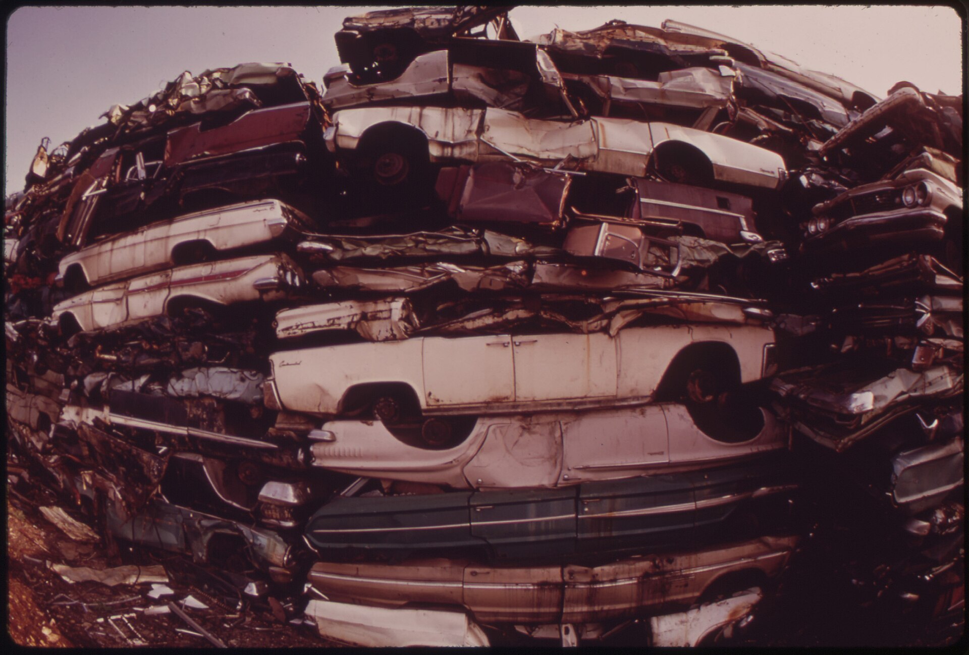 Stack of junk cars at scrap yard
